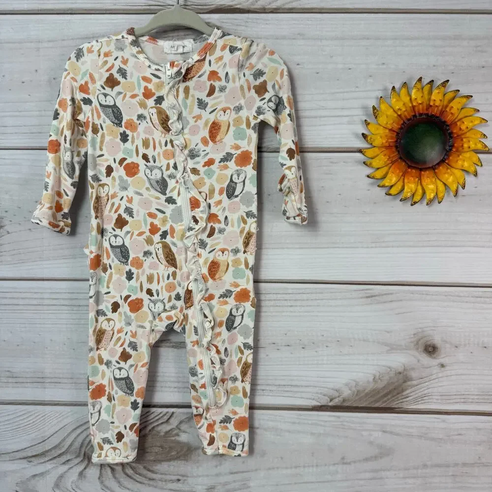 angel dear autumn owls bamboo‎ ruffle romper 3-6M